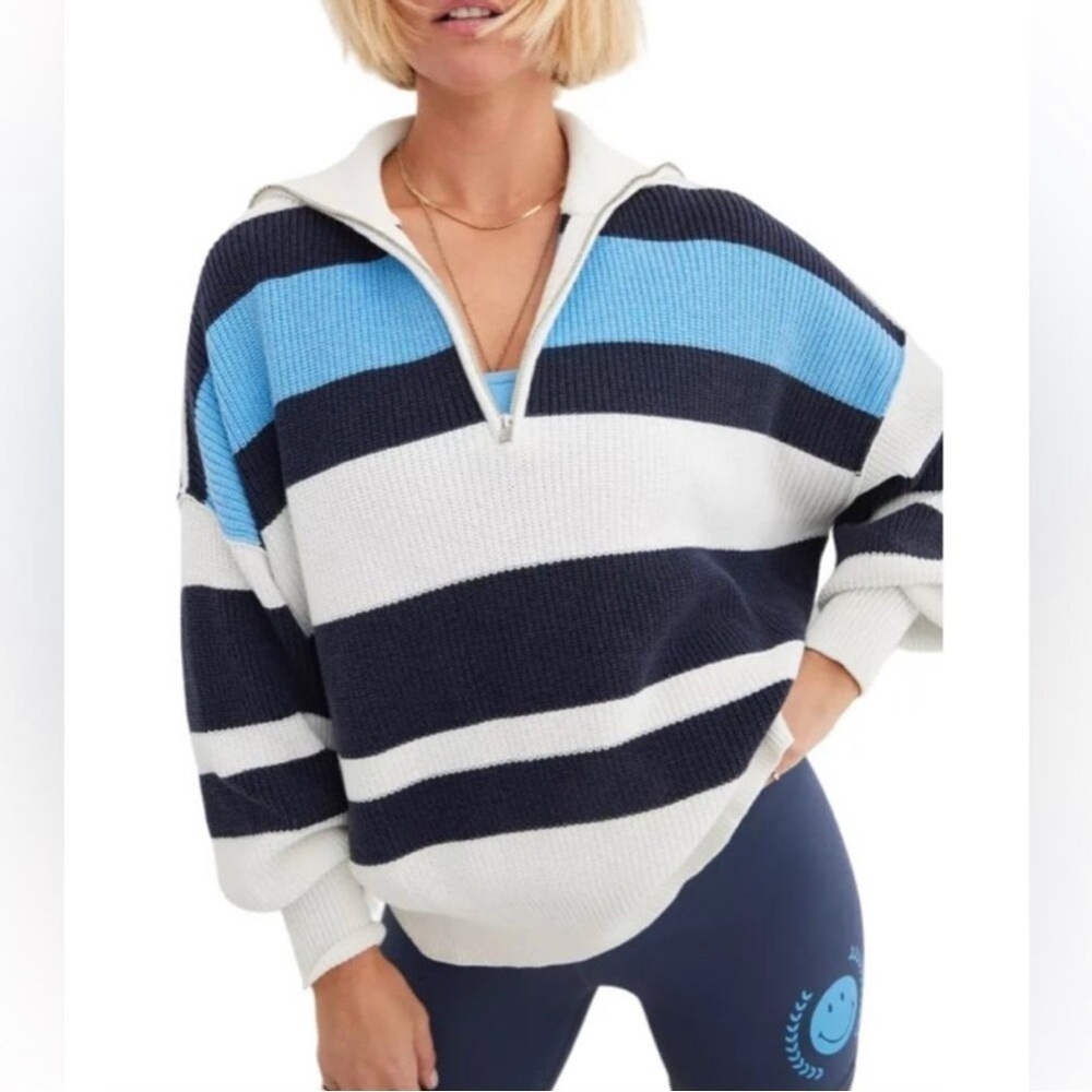 Aerie Beyond Quarter Zip Sweater Blue White Striped Chunky Knit Pullover: Medium